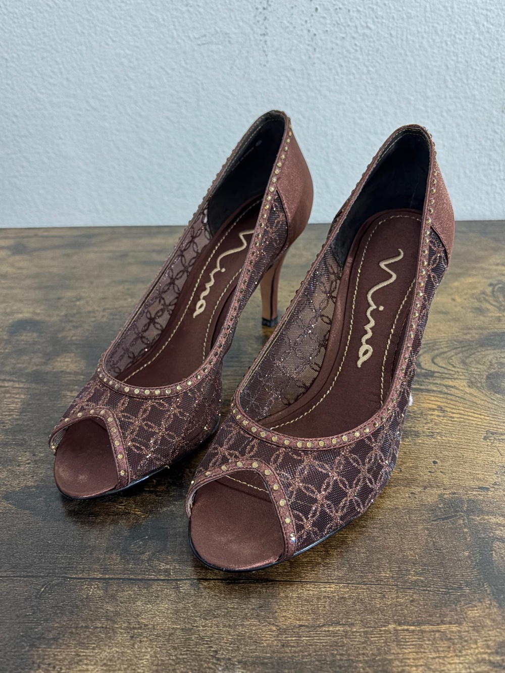 Nina Brown Lace Open-Toe Studded Heels